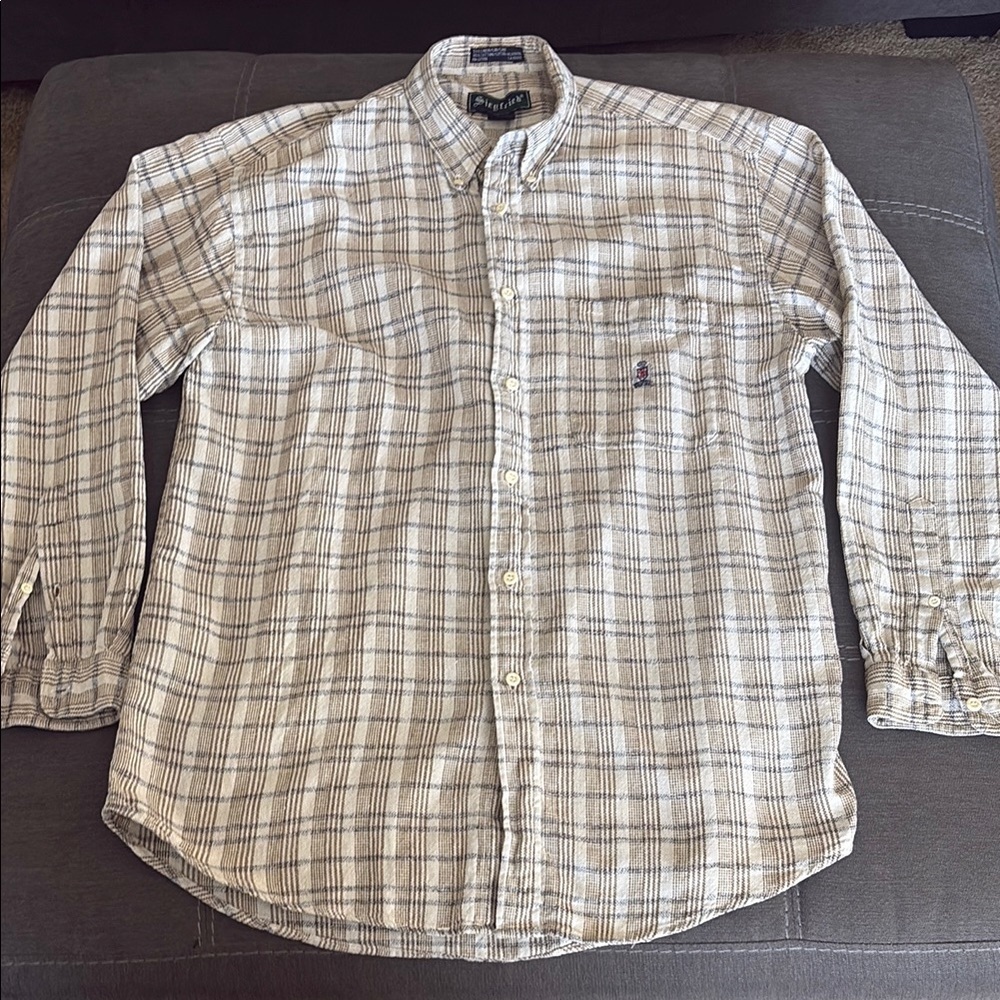 SIRGFIED linen Cream and Brown Casual Button Down Shirt. M